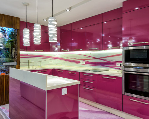 75 Most Popular Pink Kitchen with Multi-coloured Splashback Design