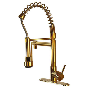 Doubs Deck Mounted Kitchen Sink Faucet With Pull Down Spray, Gold