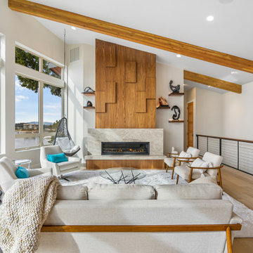 Great Room with view into hallway with custom interior straight guard rail