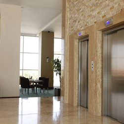 Polished Travertine Floor and Wall Tiles and Split Face Walls in Office setting - Home Office Accessories