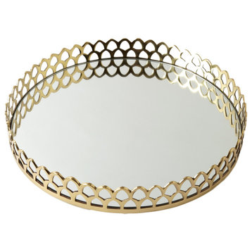 Luxe Classic Brass Gold Arch Lattice Tray Decorative 18" Round Mirror Glass