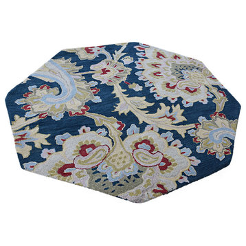Hand Tufted Wool Octagon Area Rug Floral Blue