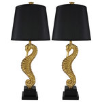 Urbanest - Set of 2 Seahorse Table Lamps, Gold - This set of two lamps includes two lamp bases with a seahorse in gold, two 8" nickel harps, 2 gold finials, and two 11" black linen lampshades. The lampshades have a gold spider fitter.