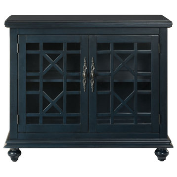 Transitional Wood And Glass Tv Stand With Trellis Cabinet Front, Dark Blue