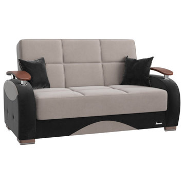 Elegant Sleeper Loveseat, Tufted Microfiber Seat & Curved Wooden Arms, Gray