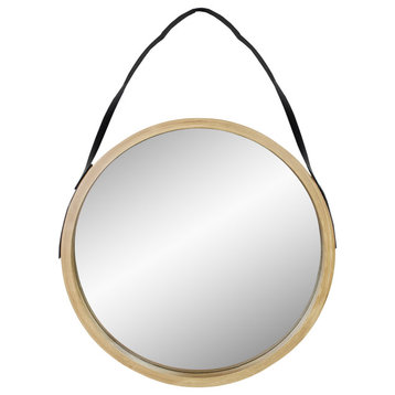 21" Beige Round Modern Mirror With Woodgrain Finish