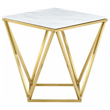 White Marble and Metal End Table, Gold