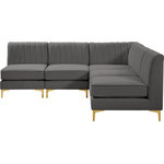 Meridian Furniture - Alina Velvet Modular L-Shaped Modular Sectional, Grey, 5-Piece: 4 Armless Chair, 1 Corner Chair - Bring modern beauty to your space with the addition of this Alina Velvet Modular sectional. This beautiful sectional features deep channel tufting to ramp up its visual interest and add to its resilient demeanor. Its soft grey velvet upholstery blends nicely with existing elements in your room and is sleek to the touch, making this seat a super comfortable one. Part of the modular Alina collection, this sectional has a latch that attaches it to other pieces to create your custom seating arrangement.
