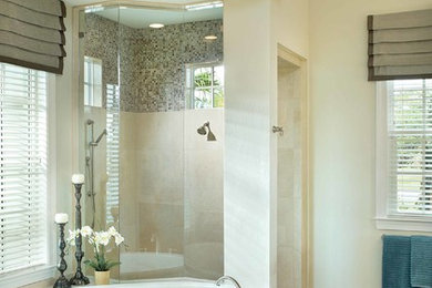 Bathroom - large traditional master beige tile, brown tile, gray tile and porcelain tile marble floor bathroom idea in Orlando with beige walls