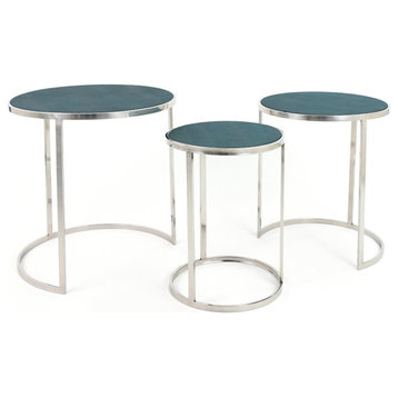 Set of 3 Nesting End Table, Polished Stainless Steel Base & Shagreen Leather Top