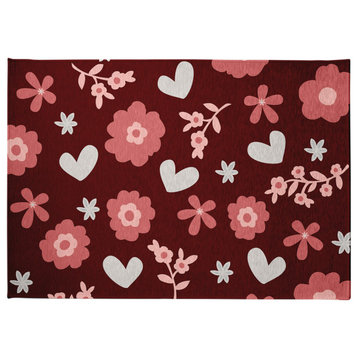 Flowery Love Valentines Chenille Rug, Red, 5'x7'