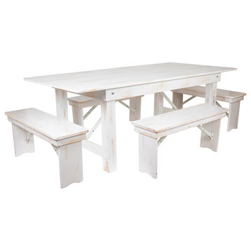HERCULES Series 7' x 40" Folding Farm Table and Four Bench Set, Antique White