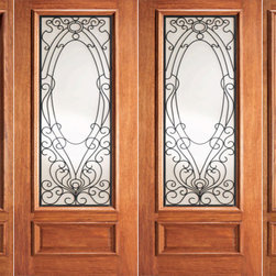 Victorian Ironwork Glass, Mahogany Prehung Double Door Two Sidelites - Front Doors