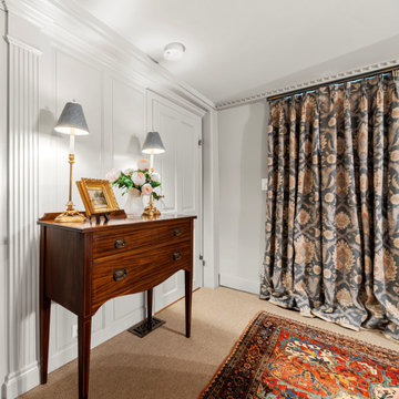 New England farmhouse master bedroom and bath