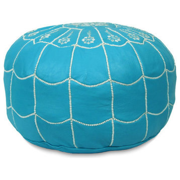Moroccan Leather Stuffed Pouf, Turquoise