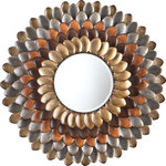 Southern Enterprises - SEI Furniture Albion Round Decorative Mirror in Multicolor - Watch an autumn chrysanthemum unfurl throughout the year with this well-designed wall sculpture. Lightly antiqued, faintly metallic colors of the cornucopia swirl in overlapping petals around a face framing mirror while soft shadows bounce between the dynamic layers. Suspended over a sofa, formal dining table, or entry table, this ever-in-motion object d'art transitions your décor with the warmth of falling fall leaves, no matter the season. Variations in distressed metallic finish should be expected, giving each piece a hand-finished feel.