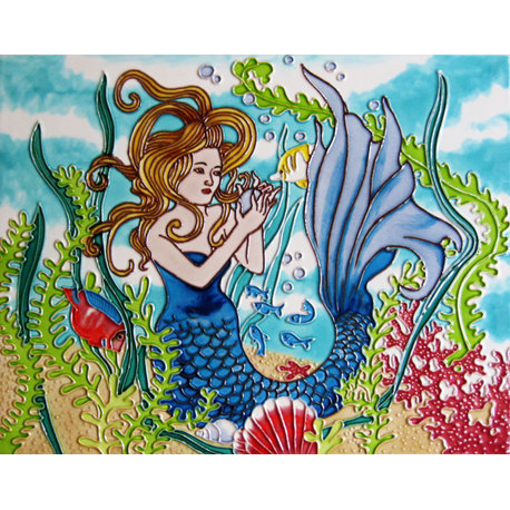 11x14" Mermaid With a Blue Tail Ceramic Art Tile Wall Decoration Accent Art
