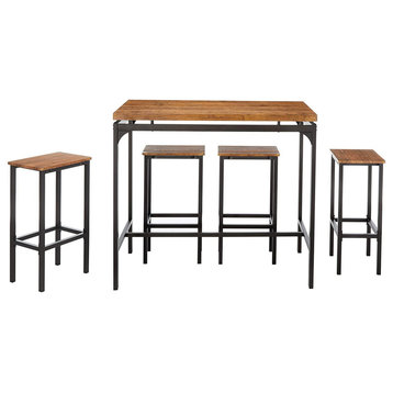5-Piece Wooden Bar Table and Bar Stools With Metal Legs, Brown and Black