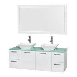 Wyndham Collection Amare 60" Vanity, Green Glass Top, Pyra White Sinks - Bathroom Vanities And Sink Consoles