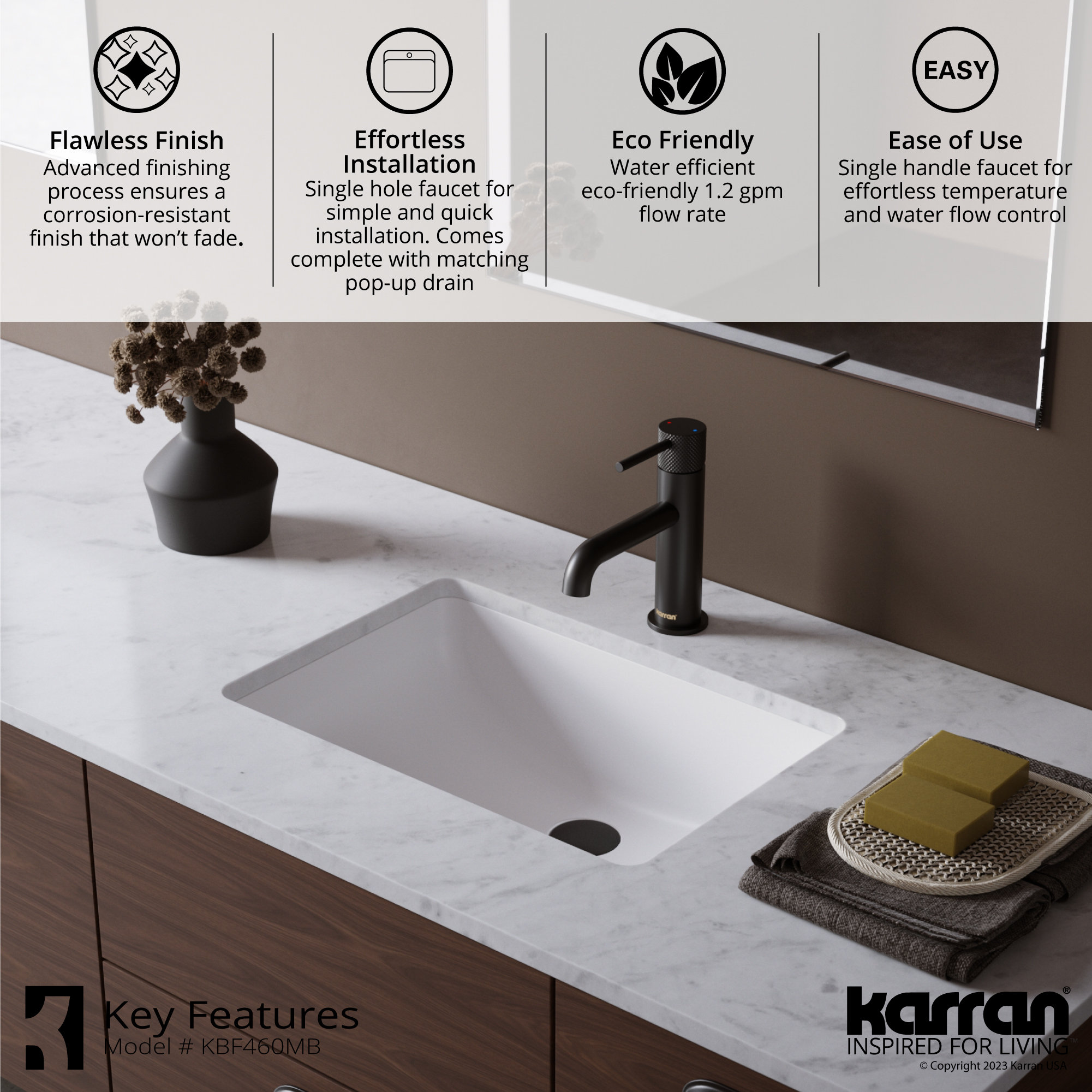 Karran 1-Handle 1-Hole Bathroom Faucet With Pop-up Drain, Matte Black