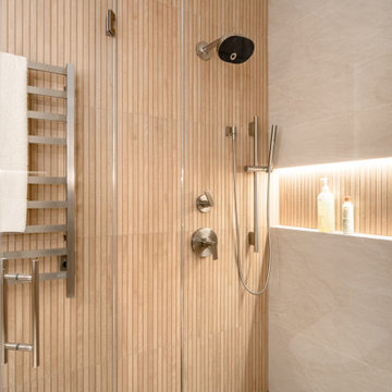Warm Minimalist Spa Bathroom with Natural Wood Vanity and Walk-In Shower