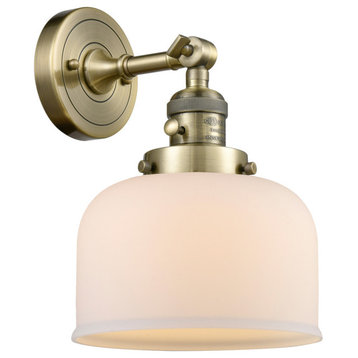 Large Bell 1-Light LED Sconce, Antique Brass, Glass: Matte White Cased