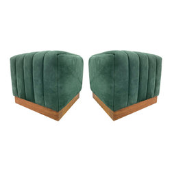 Pair of Modern KLASP Home Nubuck Leather Upholstered Ottomans with Walnut Base - Footstools And Ottomans
