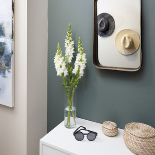 Idées déco pour un petit hall d'entrée éclectique avec un mur bleu et une porte simple.