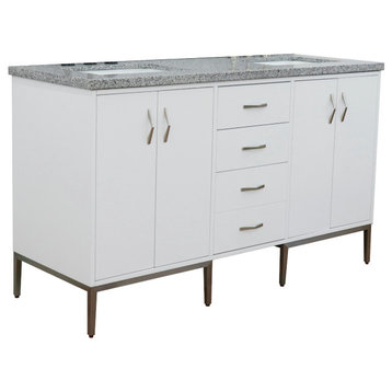 61" Double Sink Vanity, White Finish With Gray Granite And Rectangle Sink