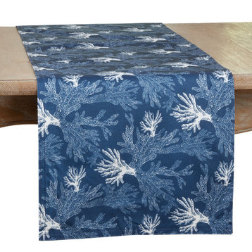 Table Runner With Sea Coral Design, Navy Blue, 16"x90"