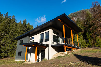 Mid-sized trendy black one-story board and batten house exterior photo in Other with a shed roof, a metal roof and a black roof