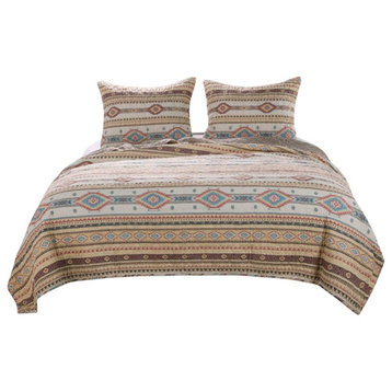 Full Size 3 Piece Polyester Quilt Set With Kilim Pattern, Multicolor