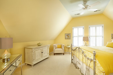 Example of a trendy guest carpeted bedroom design in DC Metro with yellow walls and no fireplace