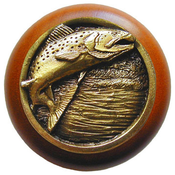 Leaping Trout Wood Knob, Antique Brass, Cherry Wood Finish, Antique Brass
