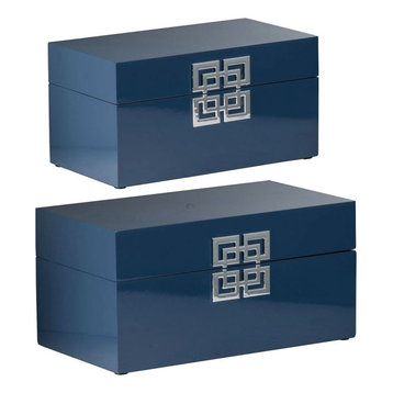 A&B Home Modern Blue Decorative Boxes With Silver Accent Set Of 2, Blue