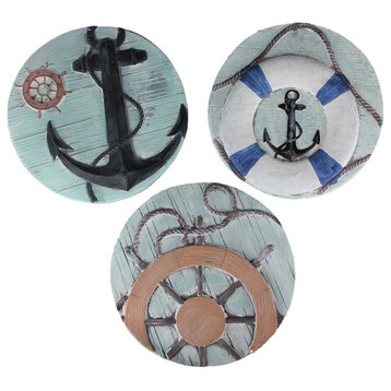 Set of 3 Concrete Nautical Circular Stone Sculptures Anchor Wheel Hanging Decor
