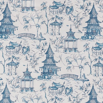 Pagodas Seaside Blue Oriental Toile Scallop Valance Lined Cotton