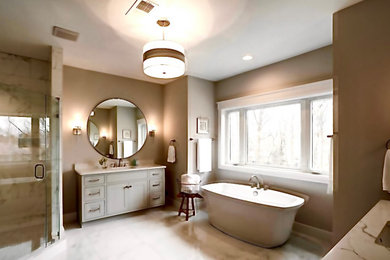 Example of a large minimalist master ceramic tile and white floor bathroom design in DC Metro with a bidet, a drop-in sink, quartzite countertops, white countertops, a niche and a freestanding vanity