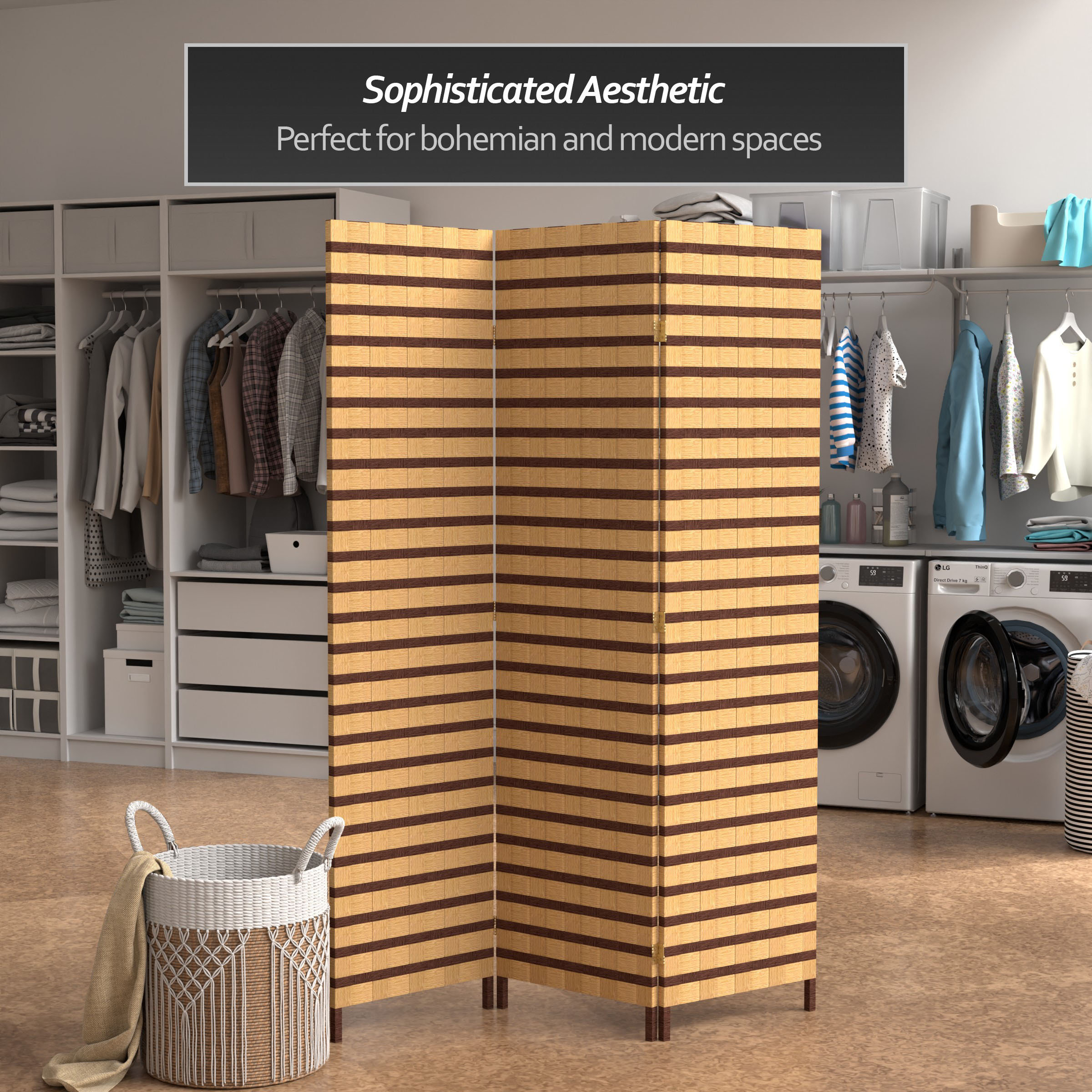 6' Tall Two Tone Natural Fiber Room Divider, 3 Panels Transitional