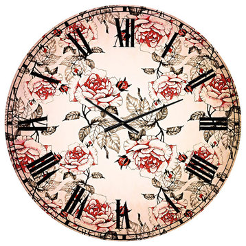 Seamless Pattern With Red Roses Floral Round Metal Wall Clock, 36x36