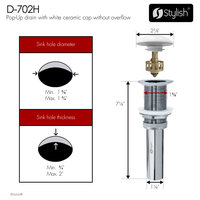 STYLISH Vessel Sink Pop-Up Drain with white ceramic cap without overflow