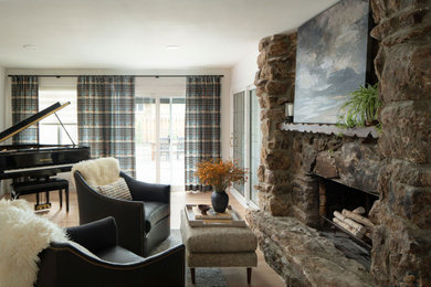 Living room - mid-sized transitional open concept light wood floor living room idea in Denver with a music area