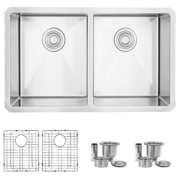 STYLISH 30" Double Basin Undermount 16G Stainless Steel Kitchen Sink With Grids
