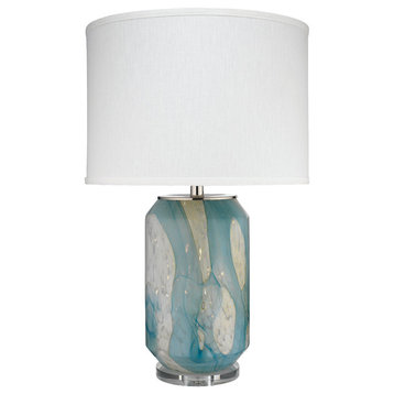 Helen Table Lamp, Pale Blue Glass With Classic Drum Shade, Sea Salt Linen