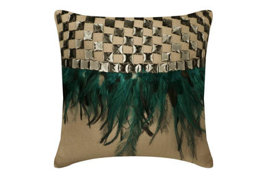 Teal Feathers - Beige Linen Throw Pillow Cover