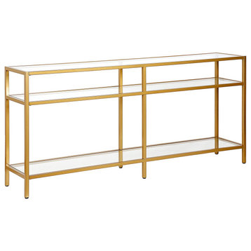 Console Table, Metal Frame With Spacious Glass Top & Shelves, Brass