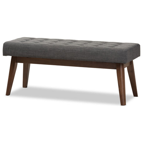 Elia Mid-Century Modern Walnut Wood Dark Gray Fabric Button-Tufted Bench