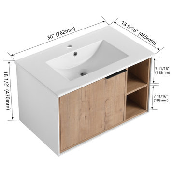 BNK Single Sink Bathroom Vanity with Soft Close Door and 2 Right Side Shelves, Imitative Oak, 30 Inch