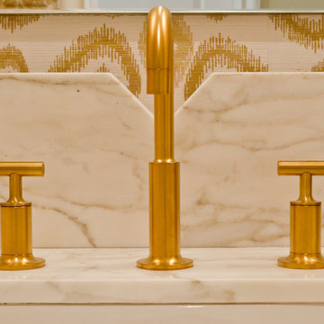 Bath with Gold Accents and Ikat grasscloth wallpaper
