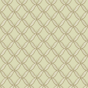 Geometric Textured Wallpaper With Petals, White Green, 1 Roll